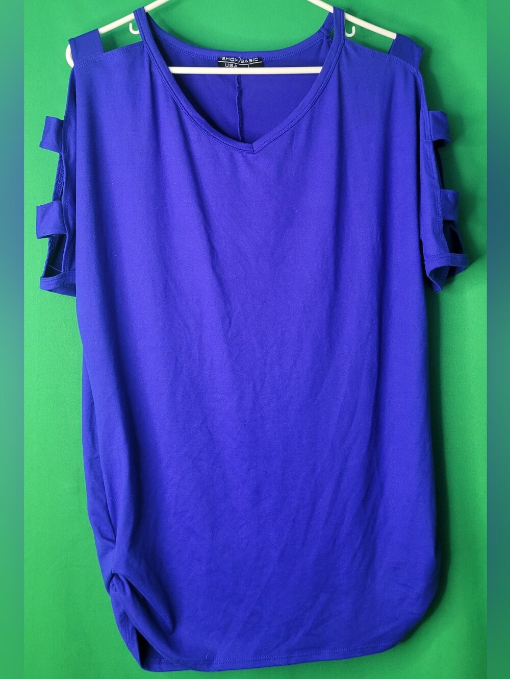 Cold-Shoulder V-Neck Top Royal Blue Shop Basic Sz Large Stretchy Ladder Sleeve